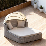 TYSF2534 Grey Rattan Curved Outdoor Daybed with Canopy & Beige Cushions – Phuket Thailand Coastal Terrace Luxury Private Outdoor Canopy Daybed