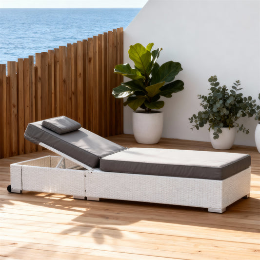 TYSF2502 White Rattan Adjustable Outdoor Sun Lounger with Storage & Grey Two-Tone Cushions – Bondi Beach Coastal Terrace Luxury Outdoor Reclining Sunbed