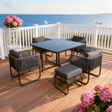 TBDS2520 Dark Grey Rope & Black Metal Coastal Luxury Outdoor Multi-Functional Dining Set with Dark Grey Cushions & Black Square Table (Ottomans Included) – Stylish Patio Furniture