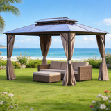 PGL2416 Brown Double-Tier Hardtop Gazebo with Privacy Curtains – Outdoor Patio Metal Roof Shelter for Coastal Backyard