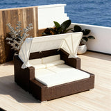 TYSF2592 Dark Brown Rattan Square White Canopy Outdoor Daybed with All-White Cushions – Malé Maldives Coastal Terrace Luxury Private Outdoor Square Canopy Daybed