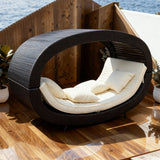 TYSF2547 Black Rattan Curved Canopy Private Outdoor Daybed with Cream Cushions – Santorini Greece Coastal Terrace Luxury Minimalist Outdoor Pod Daybed