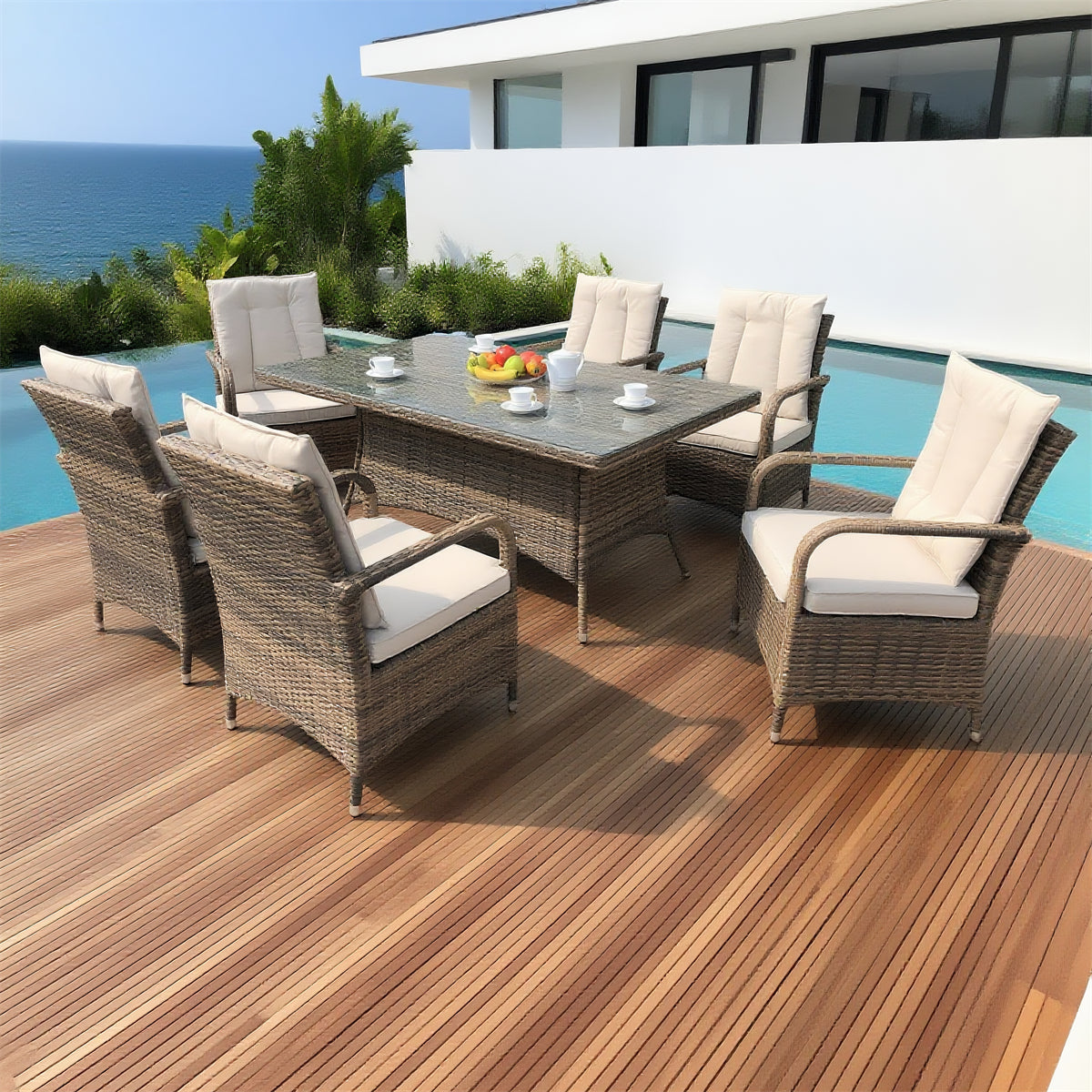 Brown Wicker 6 - Piece Outdoor Dining Set with Faux Stone Glass Table – Stylish Patio Furniture