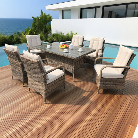 Brown Wicker 6 - Piece Outdoor Dining Set with Faux Stone Glass Table – Stylish Patio Furniture