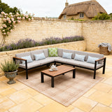 WLSF2538 Black Metal L-Shaped Outdoor Sectional with Light Wood Coffee Table – Cotswolds Cottage Patio Set