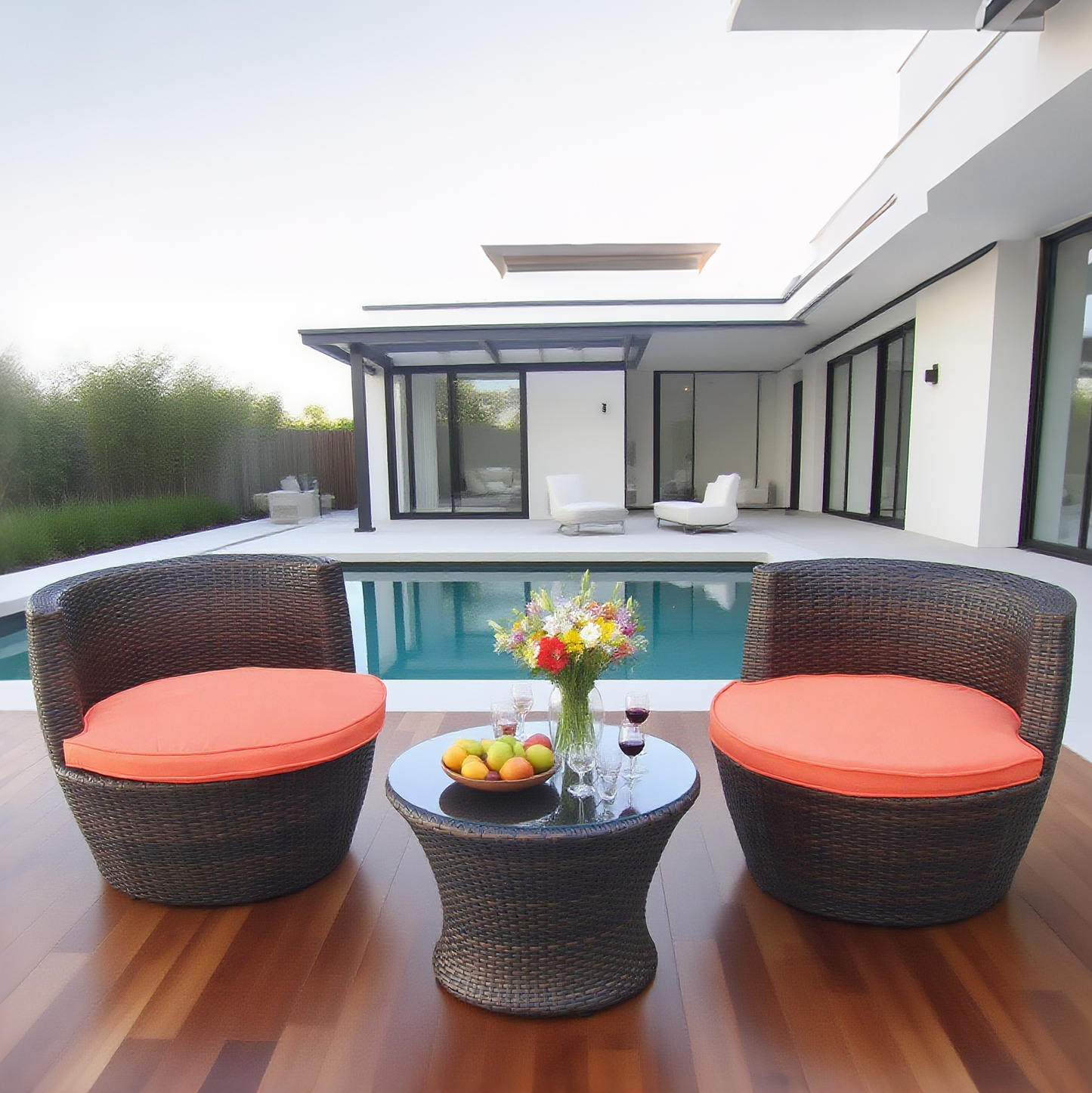 Dark Brown Wicker Patio Conversation Set with Round Glass Table – Stylish Outdoor Lounge Furniture