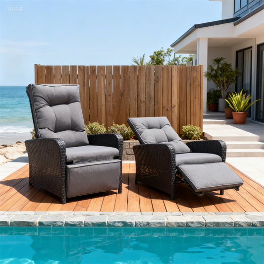 Black Wicker Outdoor Recliner Set with Dark Grey Cushions & Adjustable Footrests – Stylish Patio Furniture