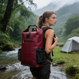 WBP1904 Burgundy Roll Top Waterproof Dry Backpack with Mesh Side Pockets for Camping Hiking Kayaking