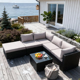 SFTZ2617 All-Black Wicker L-Shaped Outdoor Lounge Set with Beige Cushions – Scandinavian Coastal Cabin Patio Luxury Outdoor Social Furniture Set