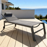 TYSF2637 Dark Grey Metal Frame Dark Grey Mesh Adjustable Wheeled Outdoor Sun Lounger with Headrest – French Riviera Coastal Terrace Luxury Relaxed Outdoor Reclining Sunbed