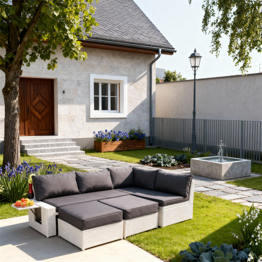 White Wicker Modular L - Shaped Outdoor Set with Dark Grey Cushions & Folding Side Table – Luxury Patio Furniture