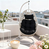 SWC2619 White Rattan Hanging Egg Chair with Stand & Black Cushion – Korean Style Balcony Swing Lounge Chair