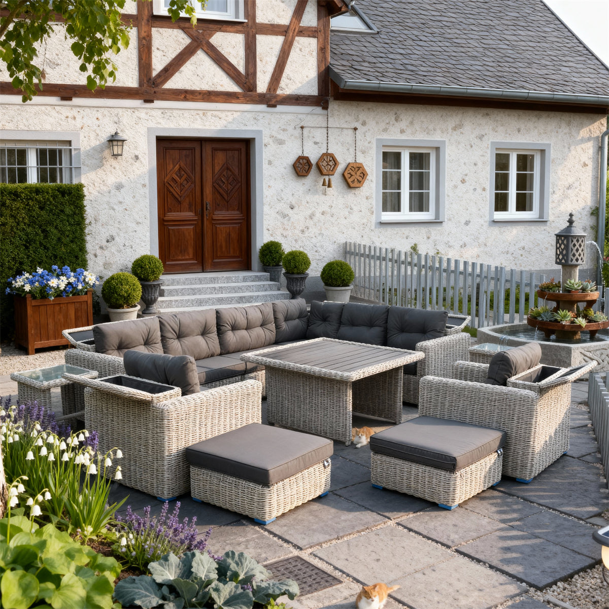 Mixed Grey Wicker Large Outdoor Lounge Set with Dark Grey Cushions & Multi - Functional Dining Table – Luxury Patio Furniture