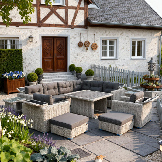 Mixed Grey Wicker Large Outdoor Lounge Set with Dark Grey Cushions & Multi - Functional Dining Table – Luxury Patio Furniture