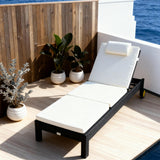 TYSF2589 Black Rattan Wheeled Segmented Adjustable Outdoor Sun Lounger with All-White Cushions & Neck Pillow – Cancun Mexico Coastal Terrace Luxury Relaxed Outdoor Reclining Sunbed