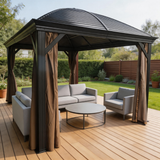 PGL2518 Black Metal Hardtop Gazebo with Brown Curtains – Outdoor Patio Pavilion for Backyard Deck & Garden