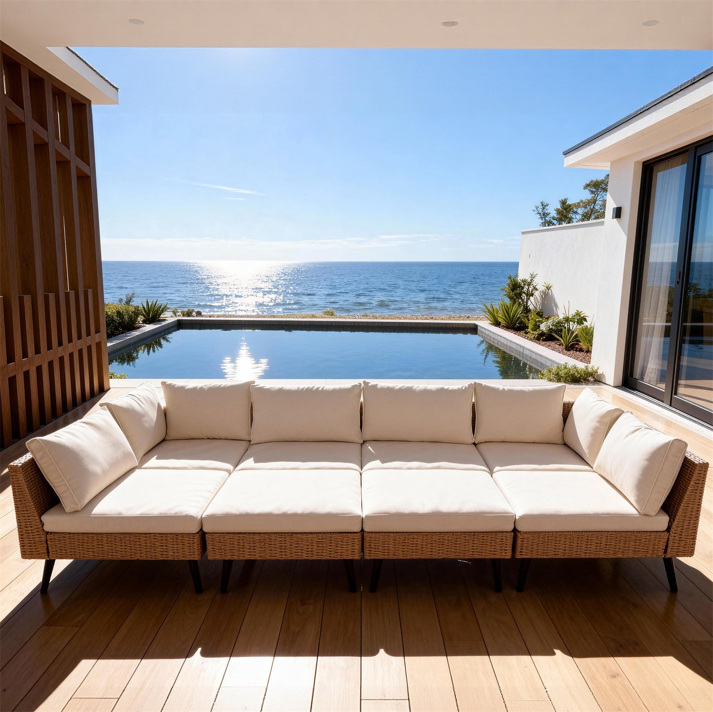 SFTZ2646 Light Brown Rattan L-Shaped Modular Outdoor Sofa with Cream Cushions – Valparaíso Coastal Pool Villa Patio 4-Piece Luxury Outdoor Social Furniture Set