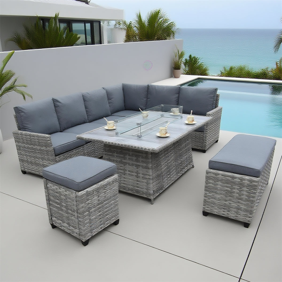 Grey Wicker L - Shaped Outdoor Sectional Set with Glass Dining Table & Ottomans – Stylish Patio Furniture