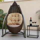 SWC262201 Brown Wicker Hanging Egg Chair with Stand & Beige Cushion – Modern Patio Swing Lounge Chair Set