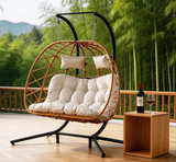 SWC2639 2 Seater Natural Brown Rattan Hanging Egg Chair with Stand & Cushion – Zen Bamboo Forest Patio Double Swing Lounge Chair Set