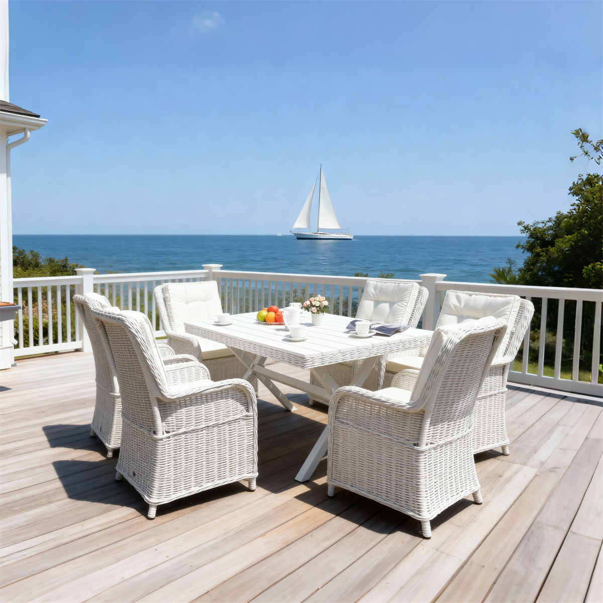 TBDS252402 White Wicker American Coastal Luxury Outdoor Dining Set with White Tufted Cushions & Foldable White Wicker Rectangular Table – Stylish Patio Furniture