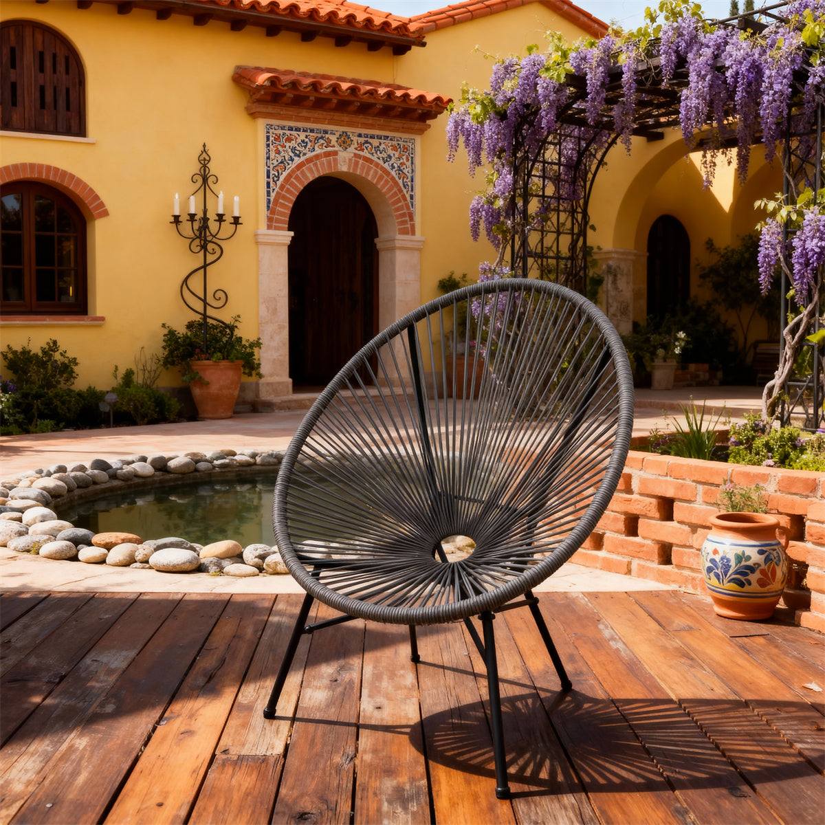 DTY2512 Dark Grey Radial Rope-Woven Round Frame Outdoor Chair with Black Metal Legs – Mexican-Style Courtyard Weather-Resistant Lounge Chair