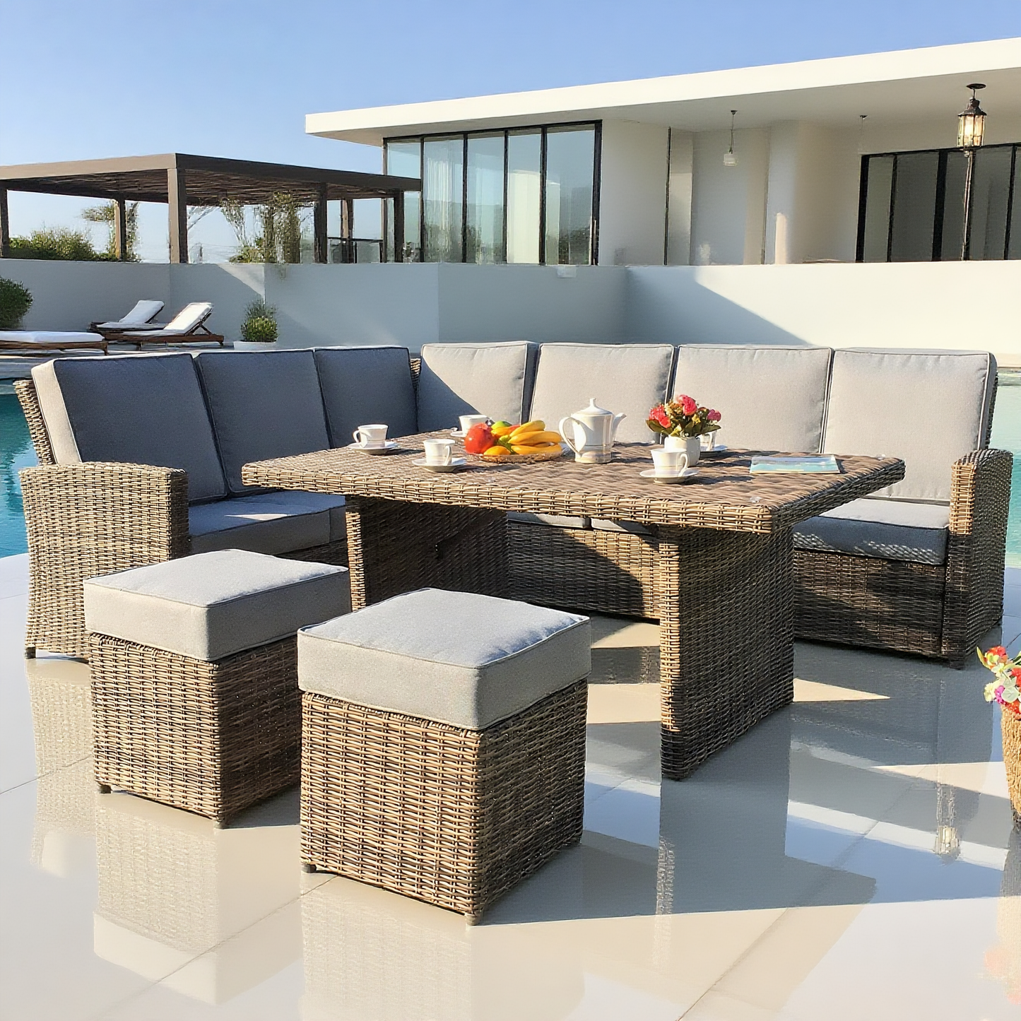 Brown Wicker L - Shaped Outdoor Dining & Lounge Set with Ottomans – Stylish Patio Furniture