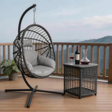 SWC2620 Black Wicker Hanging Egg Chair with Stand & Grey Cushion – Patio Swing Lounge Chair Set with Storage Side Table