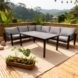 WLSF2552 Black Aluminum L-Shaped Outdoor Sectional Sofa & Dining Table Set – Tropical Bali Patio Furniture