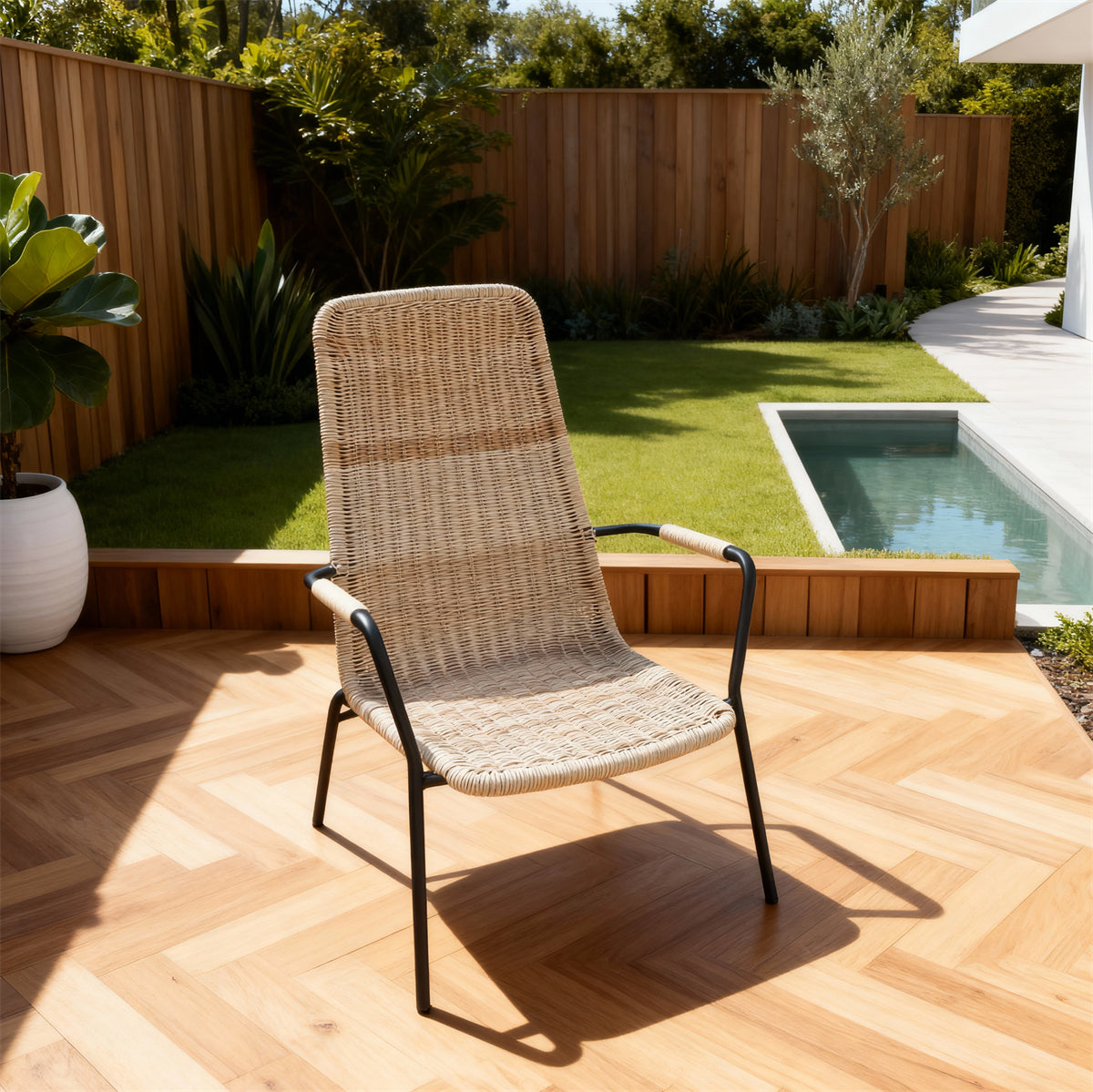 DTY251801 Light Beige Wicker High-Back Outdoor Armchair with Black Metal Legs – Modern Luxury Pool Patio Weather-Resistant Lounge Chair