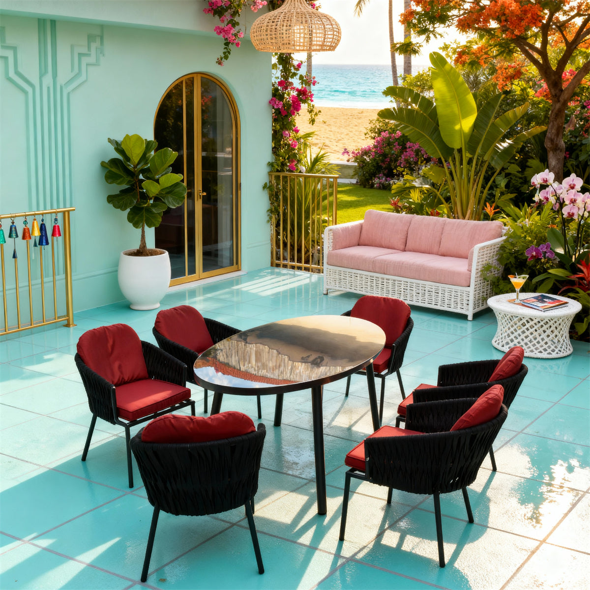 Black Woven Tropical Coastal Luxury Outdoor Dining Set with Red Cushions & Artistic Glass Dining Table – Stylish Patio Furniture