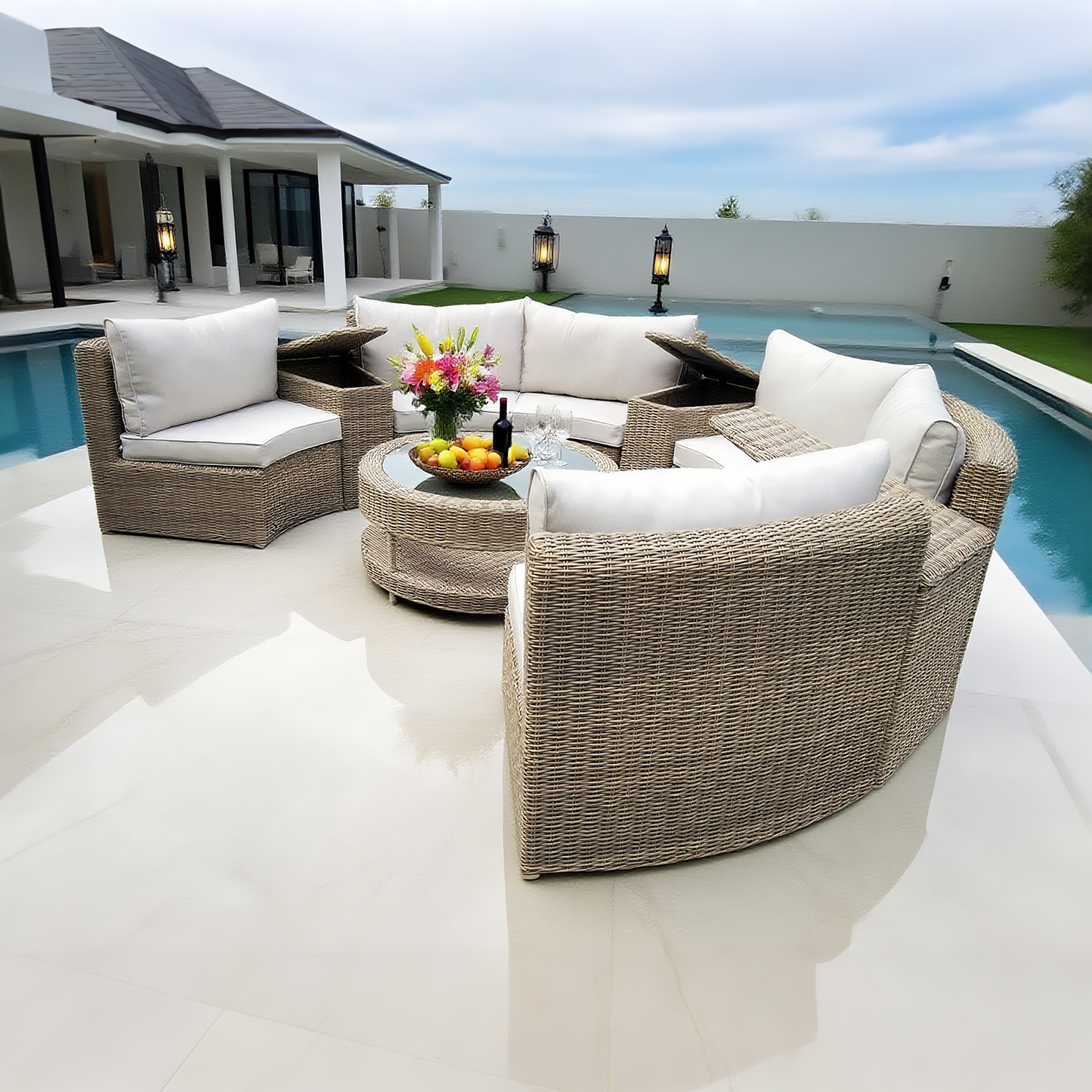 Light Brown Wicker Curved Outdoor Sectional Set with Round Storage Table – Stylish Patio Conversation Furniture