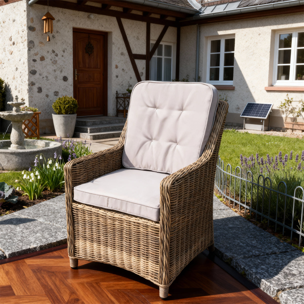 DTY2513 Natural Rattan Outdoor Armchair with Beige Tufted Cushion – French Country Courtyard Weather-Resistant Lounge Chair