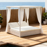 TYSF2512 White Rattan 4-Poster Outdoor Daybed with Sheer Curtains & Cream Cushions – Bali Jimbaran Beach Coastal Pool Terrace Luxury Private Outdoor Canopy Daybed