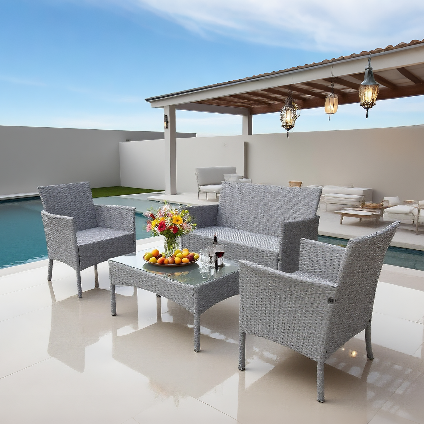 Light Grey Wicker Patio Conversation Set with Glass Coffee Table – Stylish Outdoor Lounge Furniture
