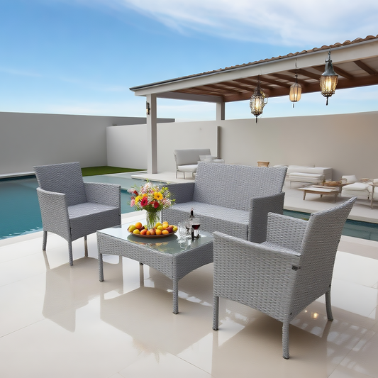 Light Grey Wicker Patio Conversation Set with Glass Coffee Table – Stylish Outdoor Lounge Furniture