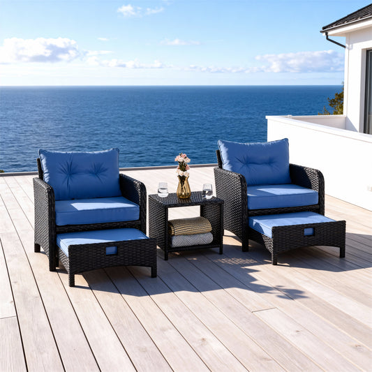 SFTZ2645 Dark Brown Rattan Outdoor Lounge Set with Bright Blue Cushions – New Zealand Coastal Cliff-Top Villa Patio 5-Piece Luxury Outdoor Social Furniture Set