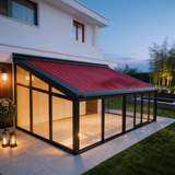 PGL2515 Black Frame Glass Sunroom with Retractable Red Striped Awning – Enclosed Outdoor Patio Conservatory for Year-Round Living