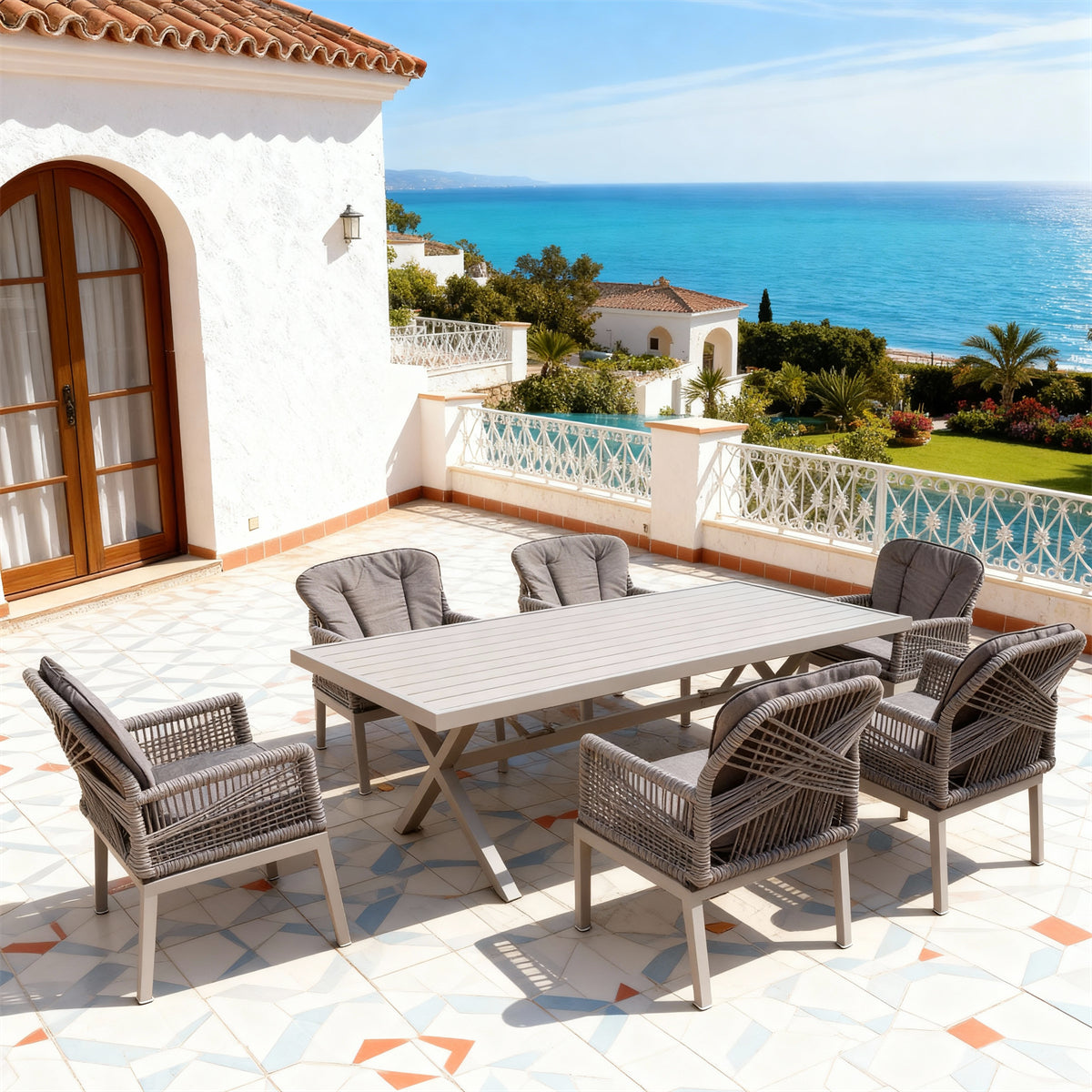 SFTZ260702 Light Grey Woven-Back Wicker Outdoor Dining Set – Spanish Coastal Villa Patio Luxury 7-Piece Dining Furniture Set