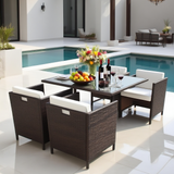 TBDS250101 Dark Brown Wicker Modern Luxury Outdoor Dining Set with Cream Cushions & Black Glass Dining Table – Stylish Patio Furniture