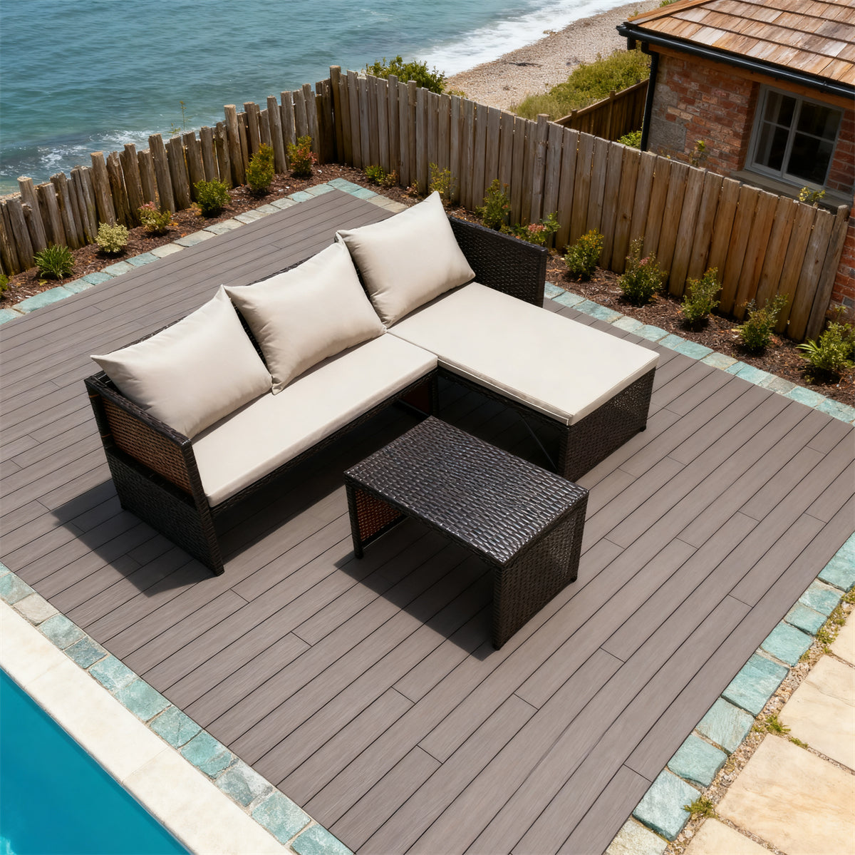 Dark Grey Wicker L - Shaped Outdoor Sectional Set with Beige Cushions & Wicker Coffee Table – Stylish Patio Furniture