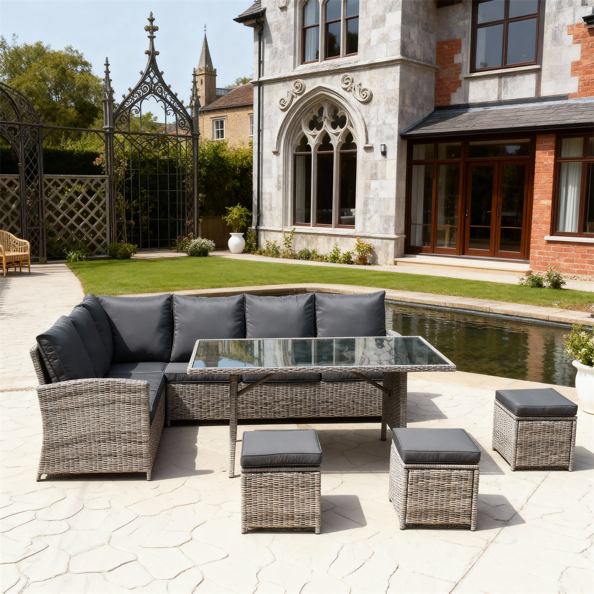 Mixed Grey Wicker L - Shaped Outdoor Dining & Lounge Set with Dark Grey Cushions, Glass Dining Table & Storage Ottomans – Stylish Patio Furniture