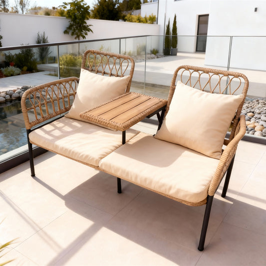 SFTZ2648 Light Brown Rattan 2-Seater Outdoor Lounge Chair with Wooden Side Table & Cream Cushions – Amsterdam Modern Courtyard Patio Luxury 2-Seater Outdoor Leisure Chair
