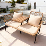 SFTZ2648 Light Brown Rattan 2-Seater Outdoor Lounge Chair with Wooden Side Table & Cream Cushions – Amsterdam Modern Courtyard Patio Luxury 2-Seater Outdoor Leisure Chair