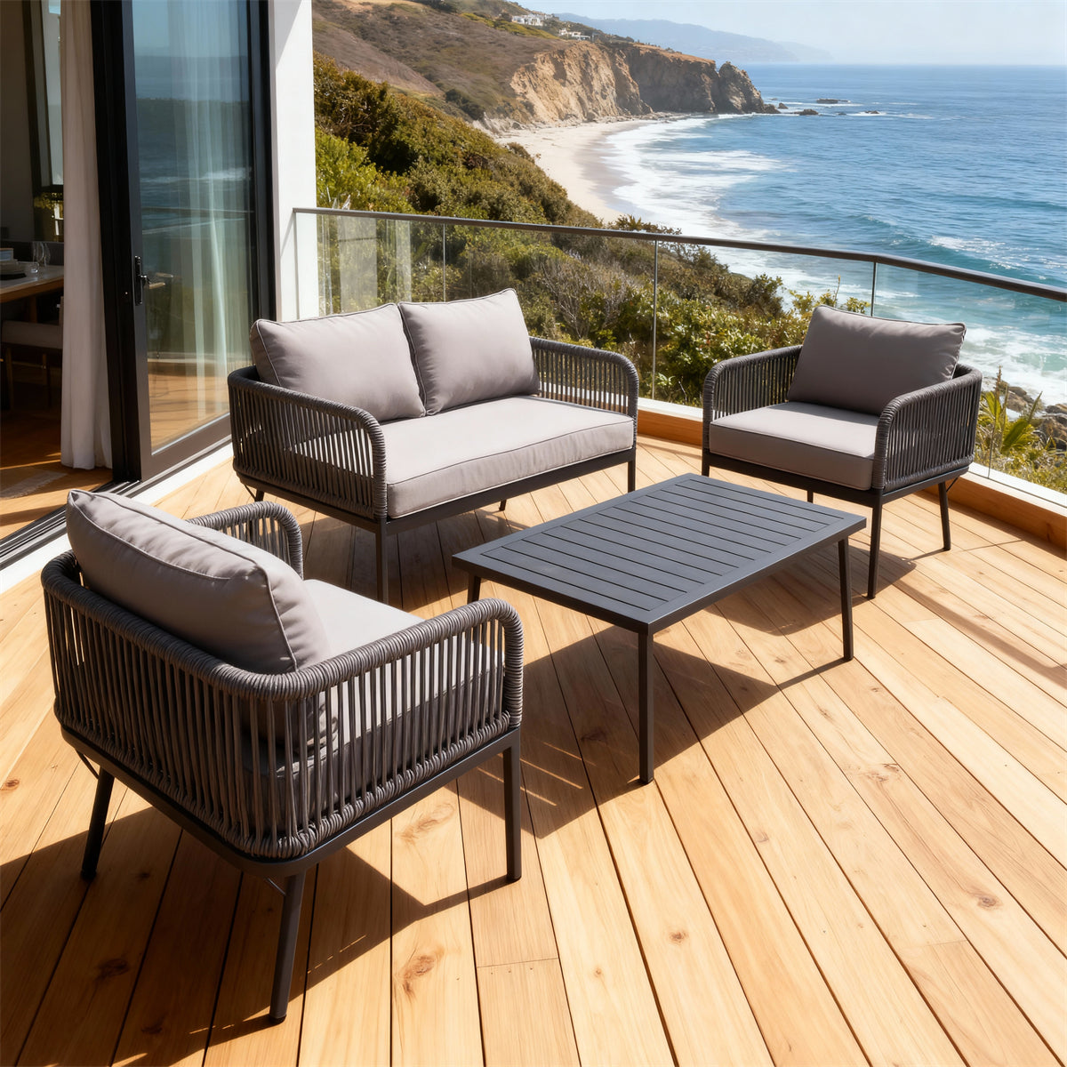 SFTZ260802 Charcoal Wicker Outdoor Lounge Set with Light Grey Cushions – California Coastal Cliff Villa Patio 4-Piece Modern Luxury Lounge Furniture Set