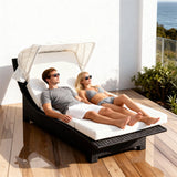 TYSF2599 Black Rattan Double White Canopy Outdoor Daybed with All-White Cushions – French Riviera Coastal Terrace Luxury Private Outdoor Double Daybed