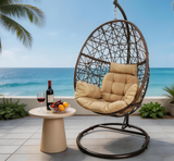 SWC2652 Single Seat Dark Brown Wicker Hanging Egg Chair with Stand & Beige Cushion – Coastal Sea View Patio Swing Lounge Chair Set