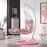 SWC2665 Single Seat White Moon Shaped Wicker Hanging Swing Chair with Stand & Floral Cushion – Indoor Leisure Lounge Chair Set