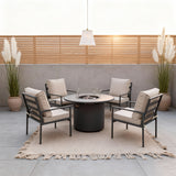 WLSF2529 Dark Grey Metal Frame 4-Seater Outdoor Fire Pit Dining Set with Beige Cushions – Santa Barbara Modern Patio Furniture Set