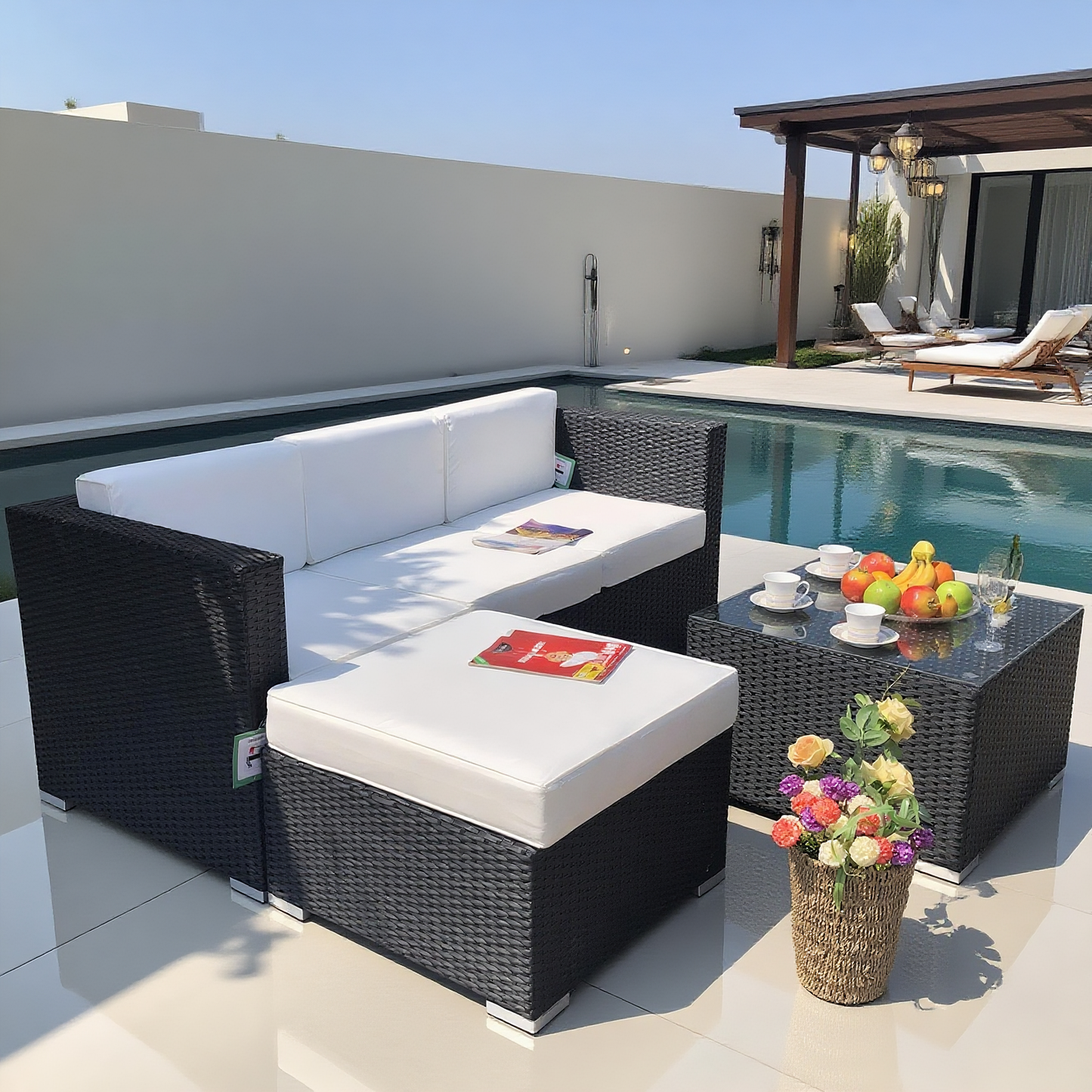 Dark Brown Wicker Outdoor Sectional Set with Ottoman & Glass Coffee Table – Stylish Patio Lounge Furniture